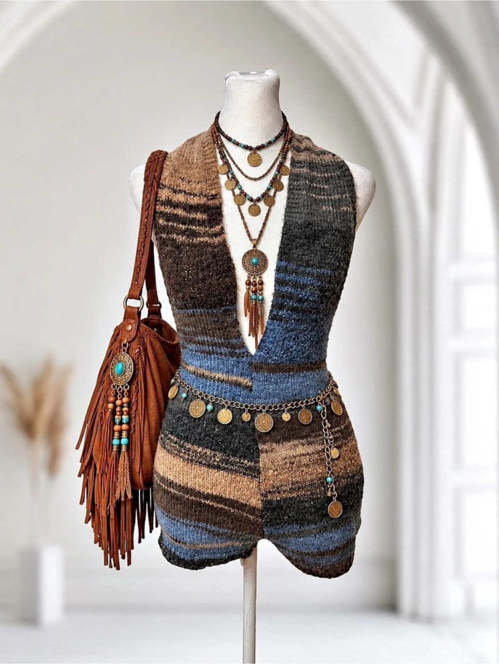 SHEIN Size S Striped Knit Halter Romper Open Back Boho Y2K Festival